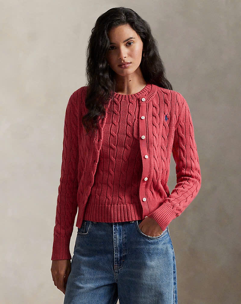 Áo khoác cardigan Polo RL cổ tròn bằng cotton dệt kim kiểu cáp