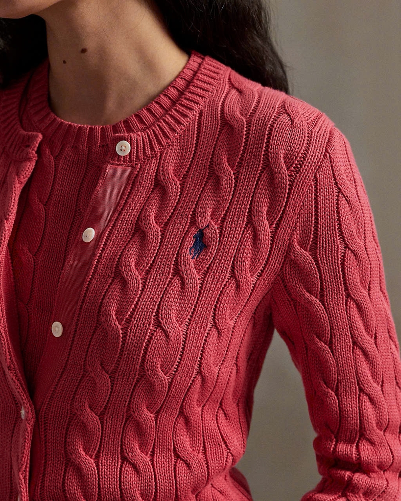 Áo khoác cardigan Polo RL cổ tròn bằng cotton dệt kim kiểu cáp
