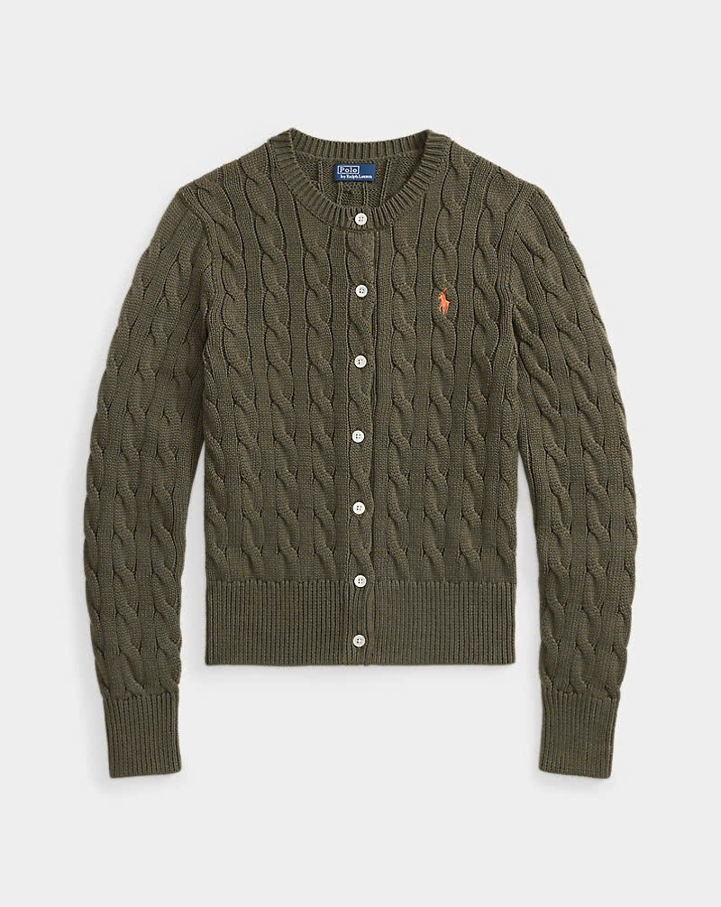 Áo khoác cardigan Polo RL cổ tròn bằng cotton dệt kim kiểu cáp