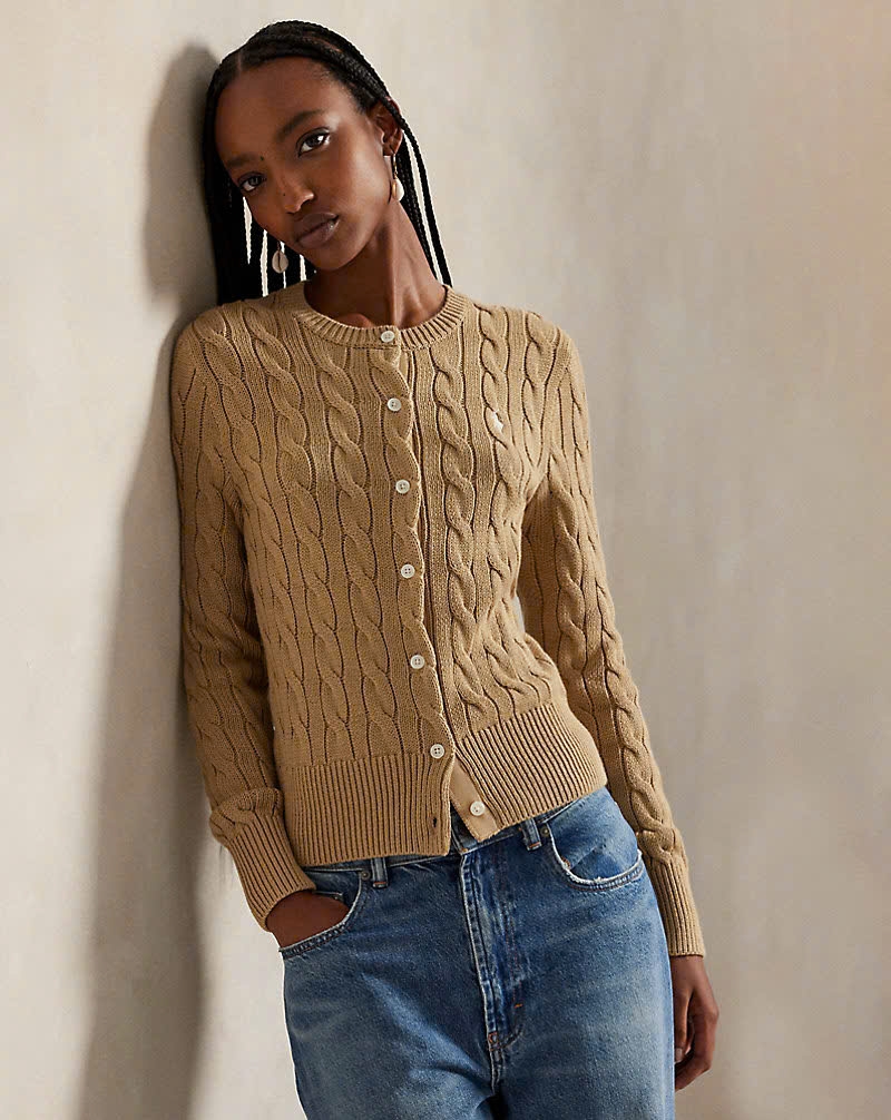 Áo khoác cardigan Polo RL cổ tròn bằng cotton dệt kim kiểu cáp