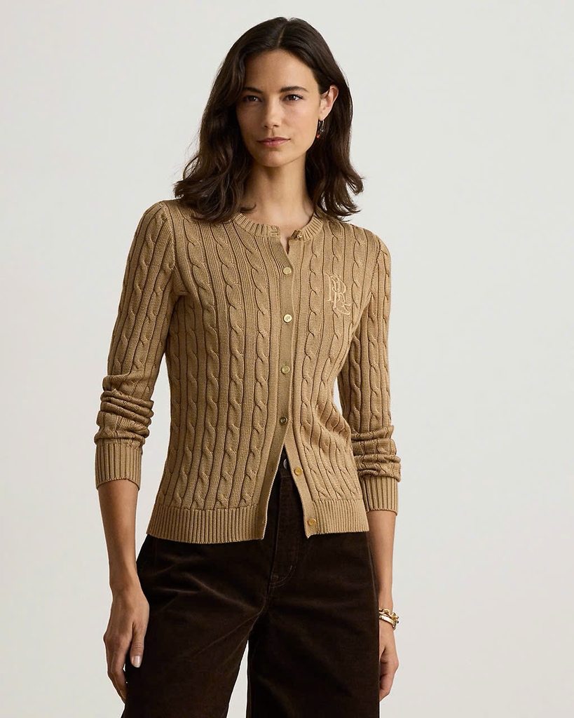 Áo khoác cardigan POLO RL dệt kim kiểu cáp, chất liệu cotton pha