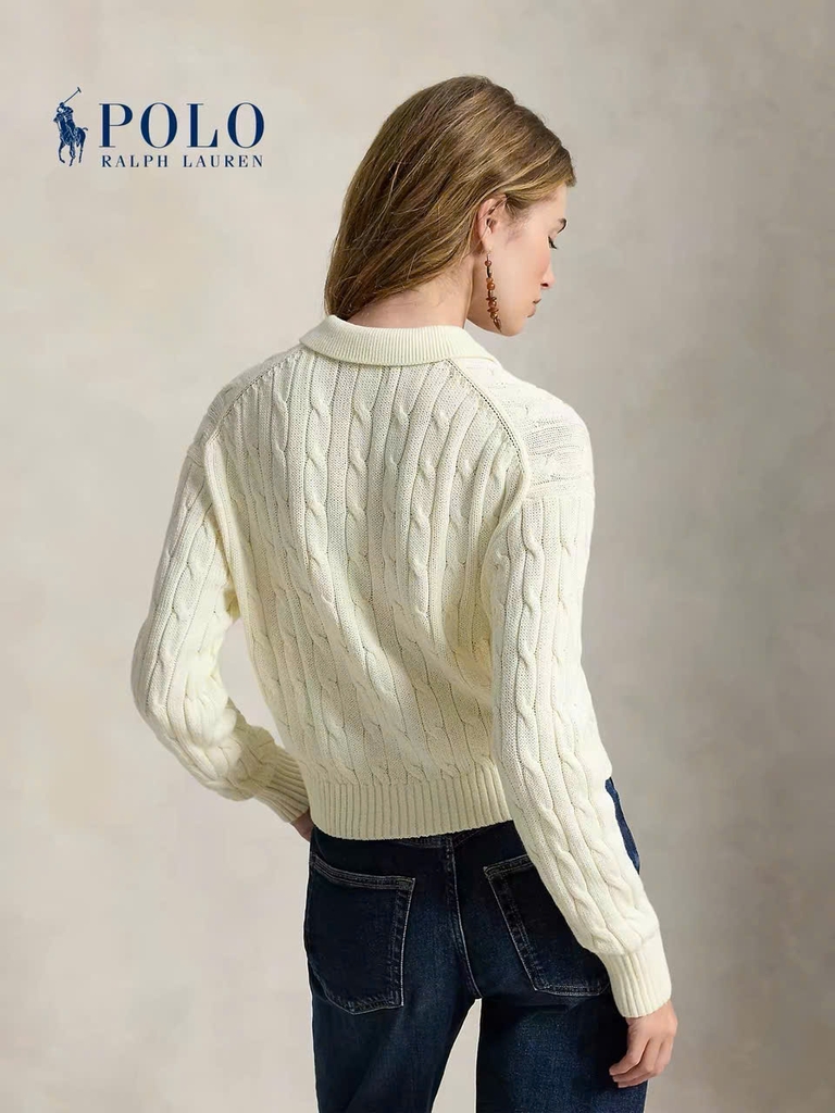 Áo khoác cardigan POLO RL dệt kiểu cáp vặn thừng, chất liệu cotton, cổ polo