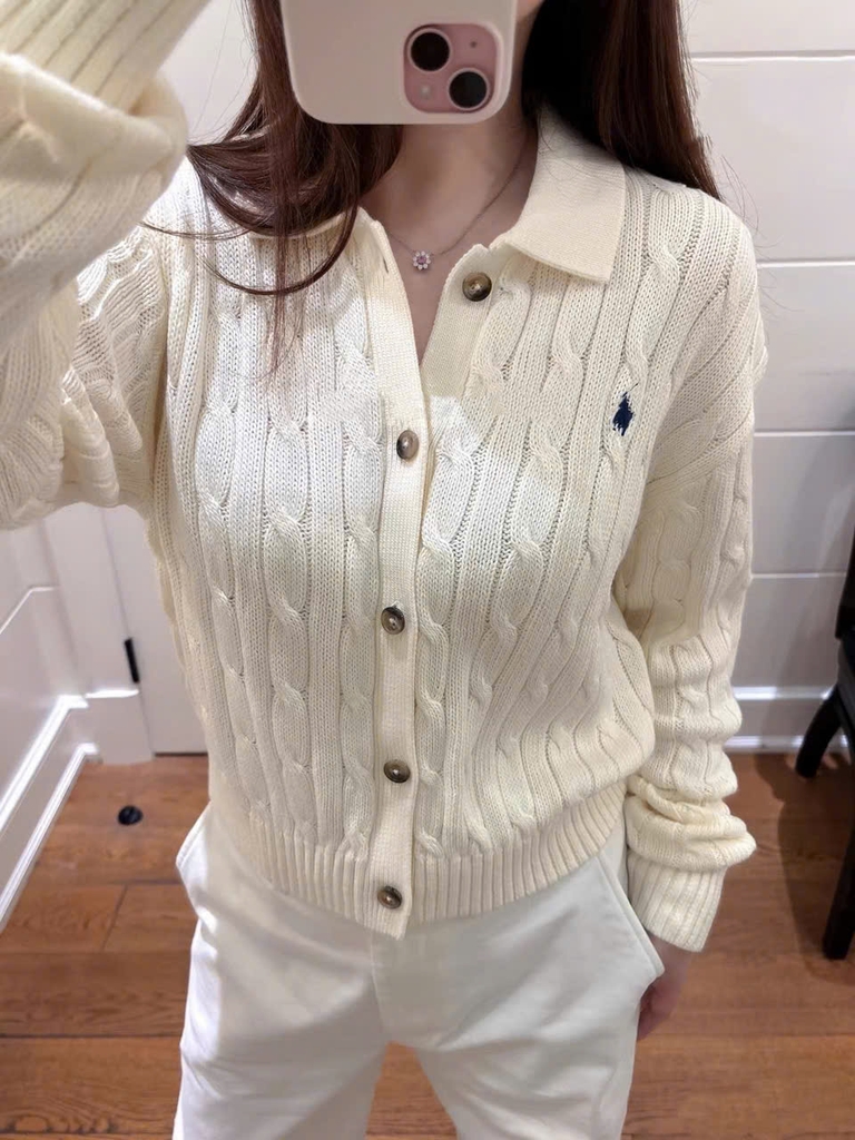 Áo khoác cardigan POLO RL dệt kiểu cáp vặn thừng, chất liệu cotton, cổ polo
