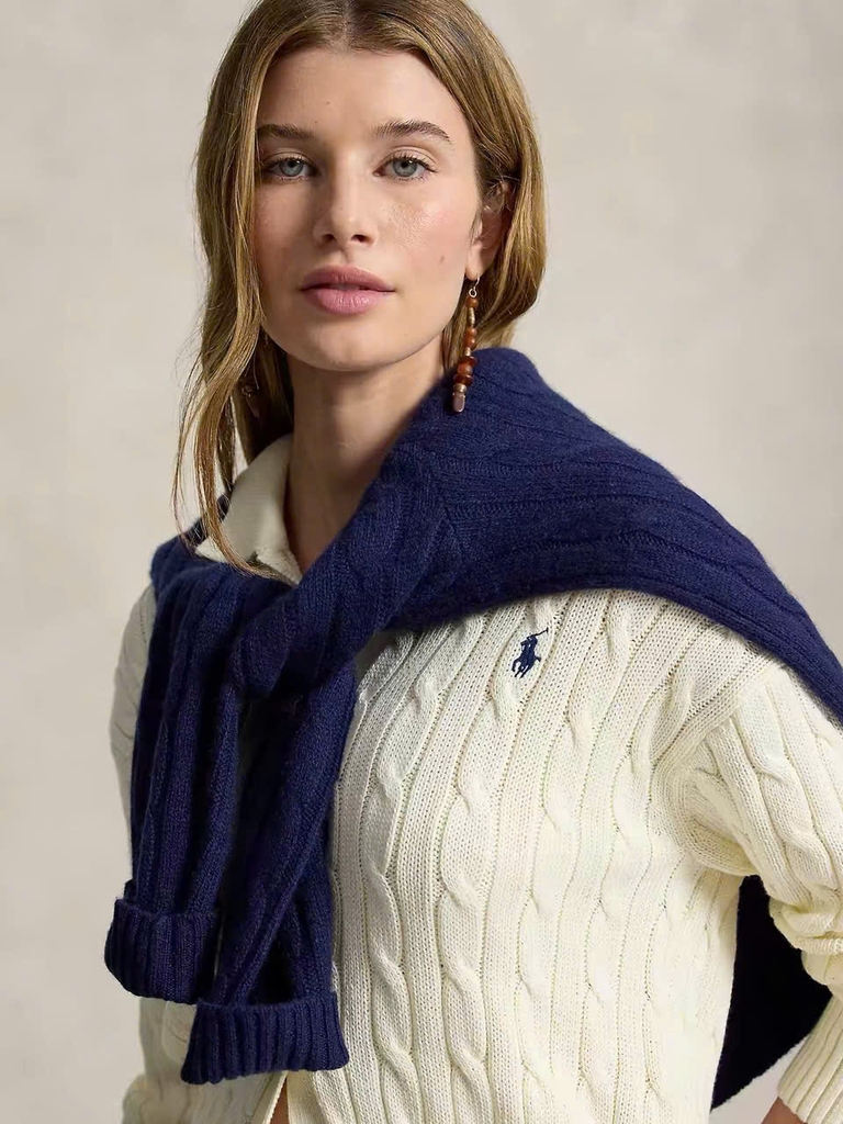 Áo khoác cardigan POLO RL dệt kiểu cáp vặn thừng, chất liệu cotton, cổ polo