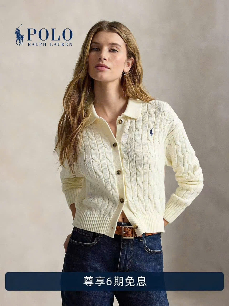 Áo khoác cardigan POLO RL dệt kiểu cáp vặn thừng, chất liệu cotton, cổ polo