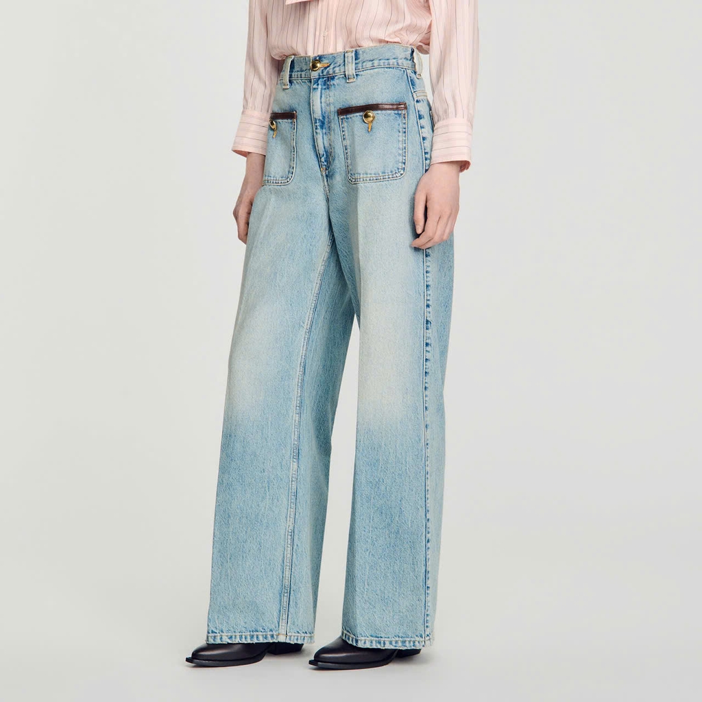QUẦN JEANS SANDRO ỐNG ĐỨNG CÓ CHI TIẾT DA
