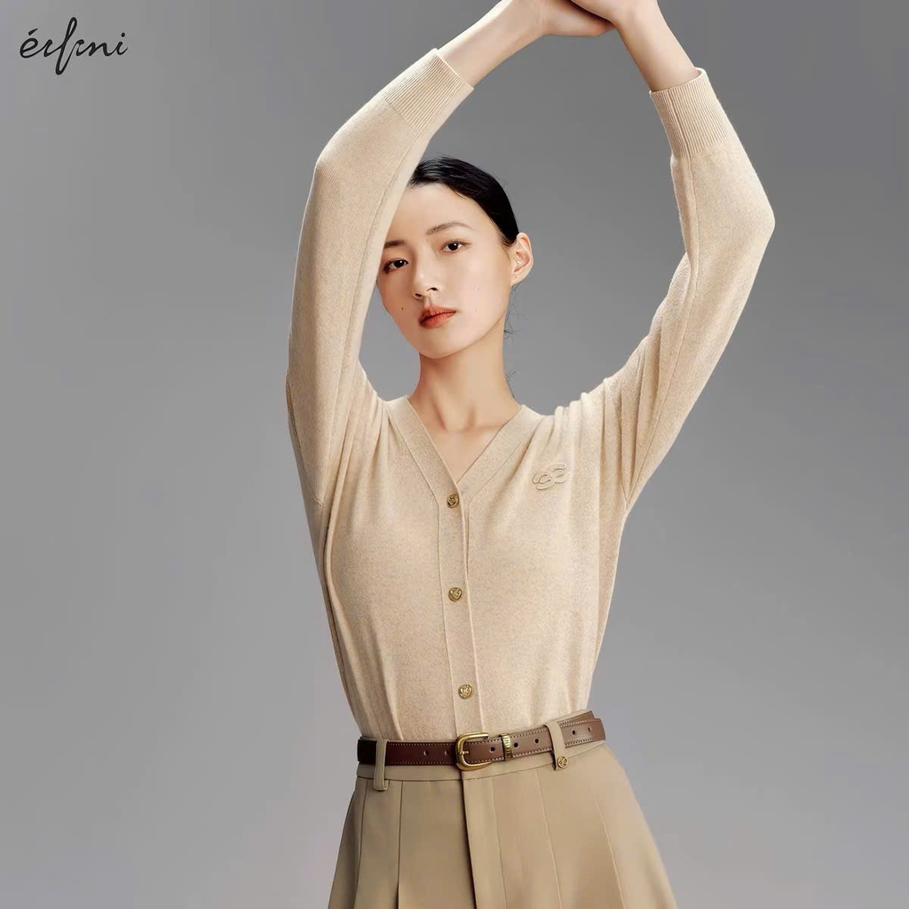 Áo khoác len ENIFI màu  cát cháy khuy vàng 45% wool 30% cashmere