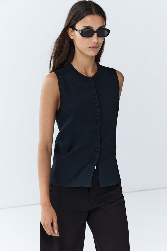 Áo gile dệt kim MASSIMO DUTTI mịn phối cúc bọc vải