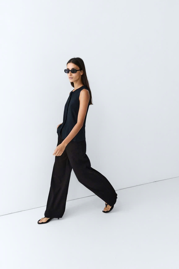 Áo gile dệt kim MASSIMO DUTTI mịn phối cúc bọc vải