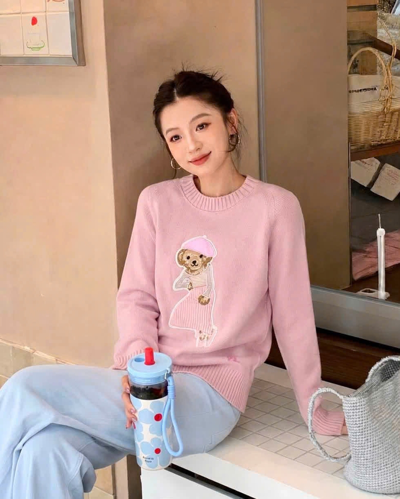 Áo len Polo Bear gấu mặc váy xếp ly màu hồng