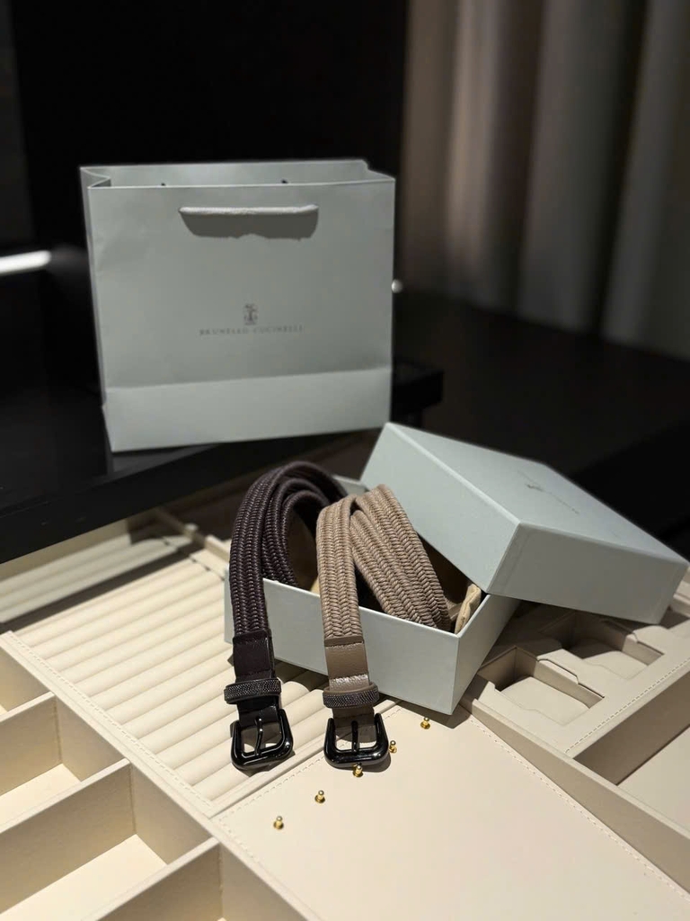 Belt Brunello Cucinelli chất co đan cói giãn phối da 2 màu Sz104x2.5cm