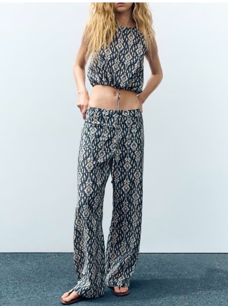 Set Zara màu loang đen trắng áo croptop  quần suông dài