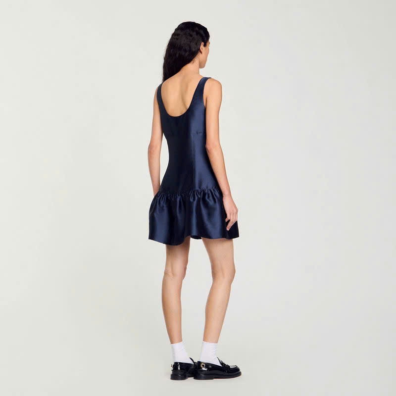 Đầm Sandro satin màu navy hạ eo