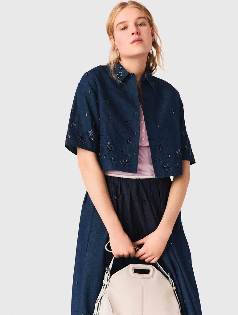 Áo sơ mi denim ngắn tay thêu