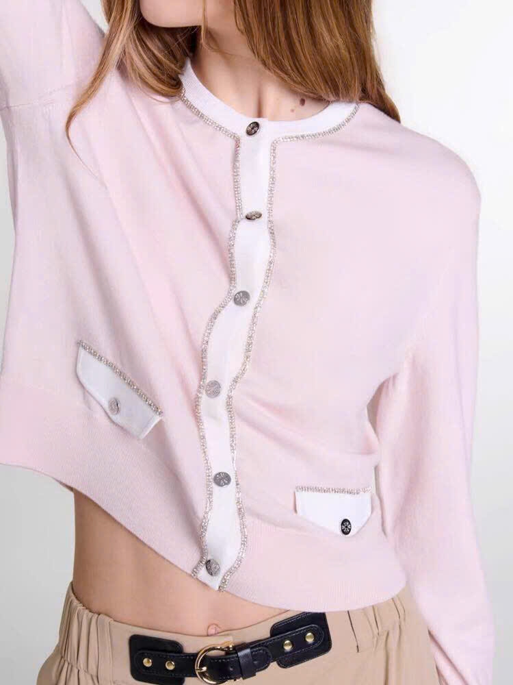 Cardigan Maje hồng viền trắng