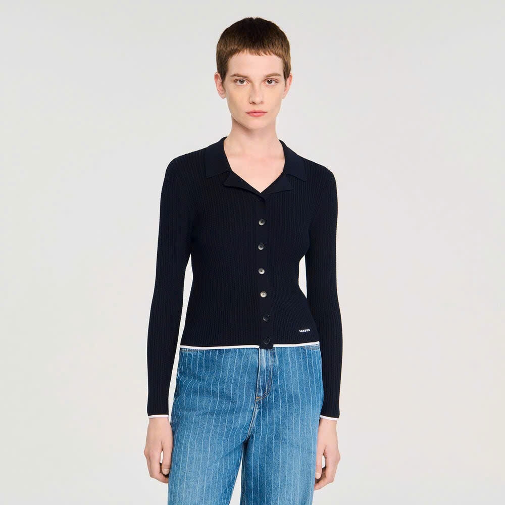 Áo len cardigan cổ polo ngắn