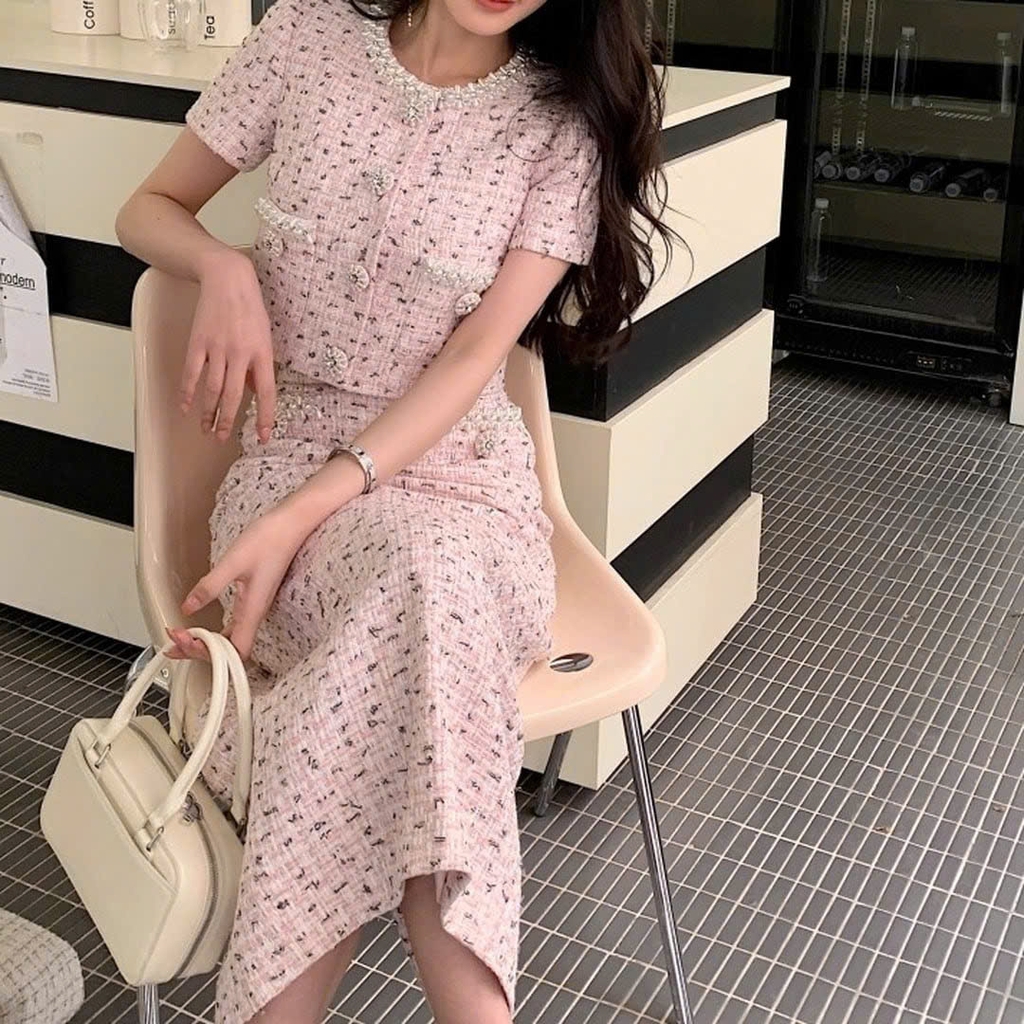 CHÂN VÁY MIDI ĐÍNH NGỌC TRAI HỒNG BOUCLE