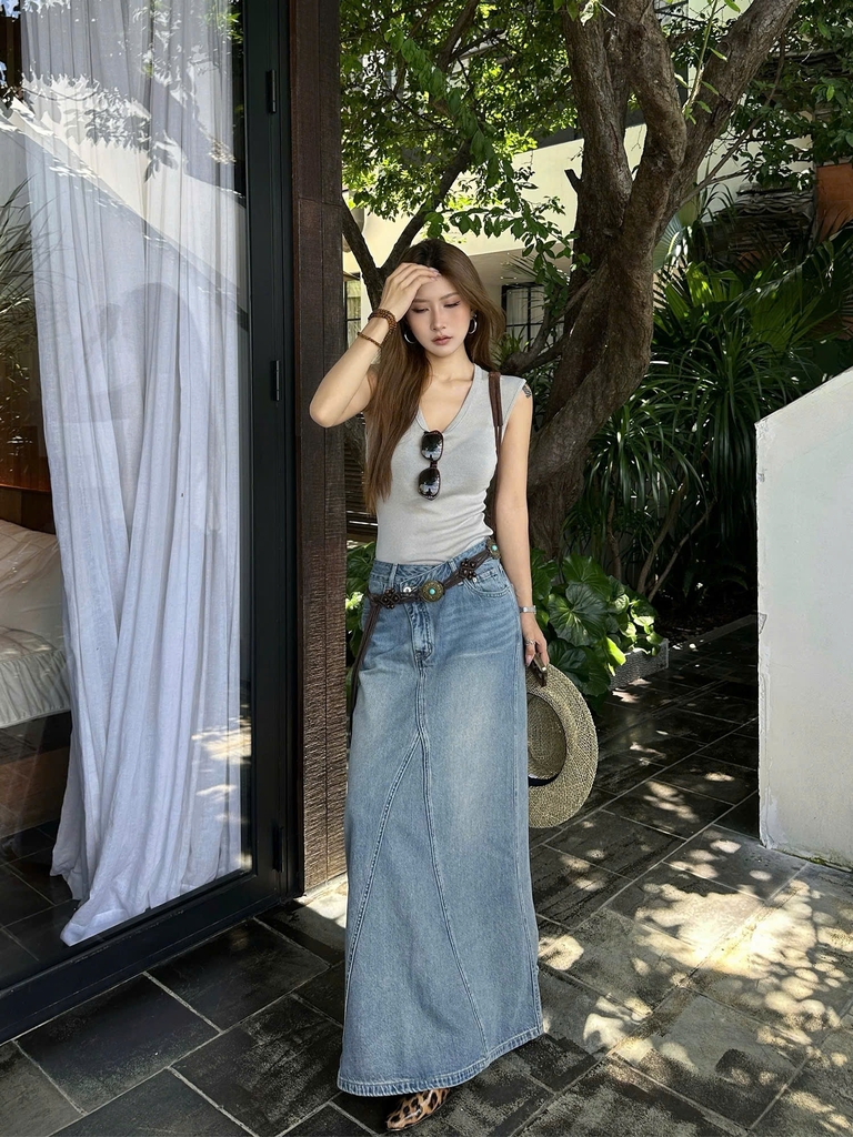 Chân váy denim midi LEVIS PREMIUM xanh nhạt