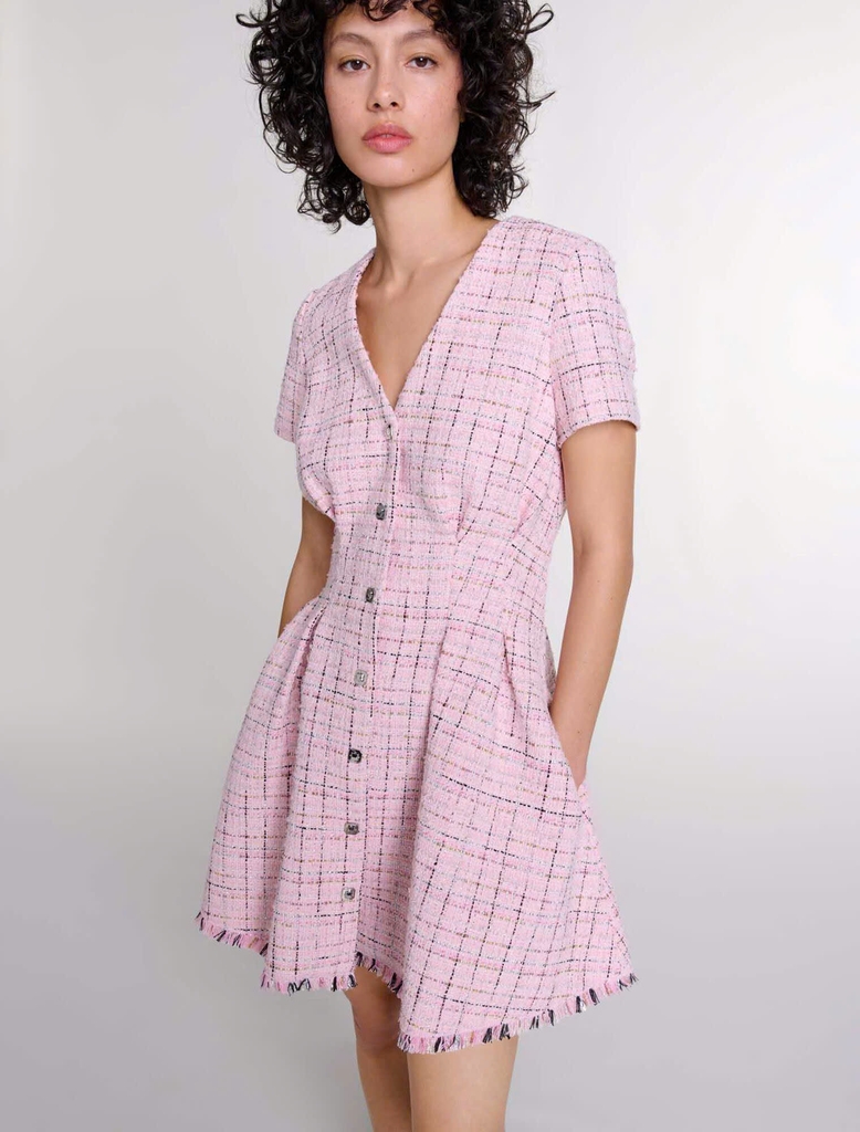 Đầm ngắn tweed ôm eo viền tua rua