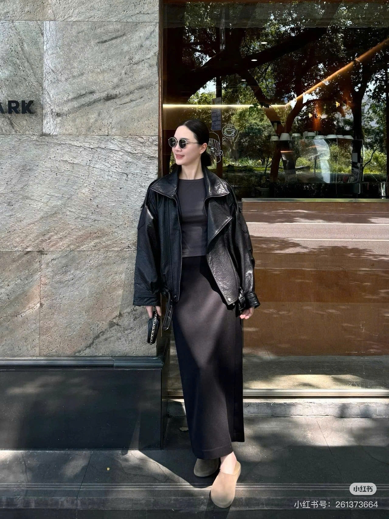 Áo khoác da YSL 2 màu cổ bẻ bo chun