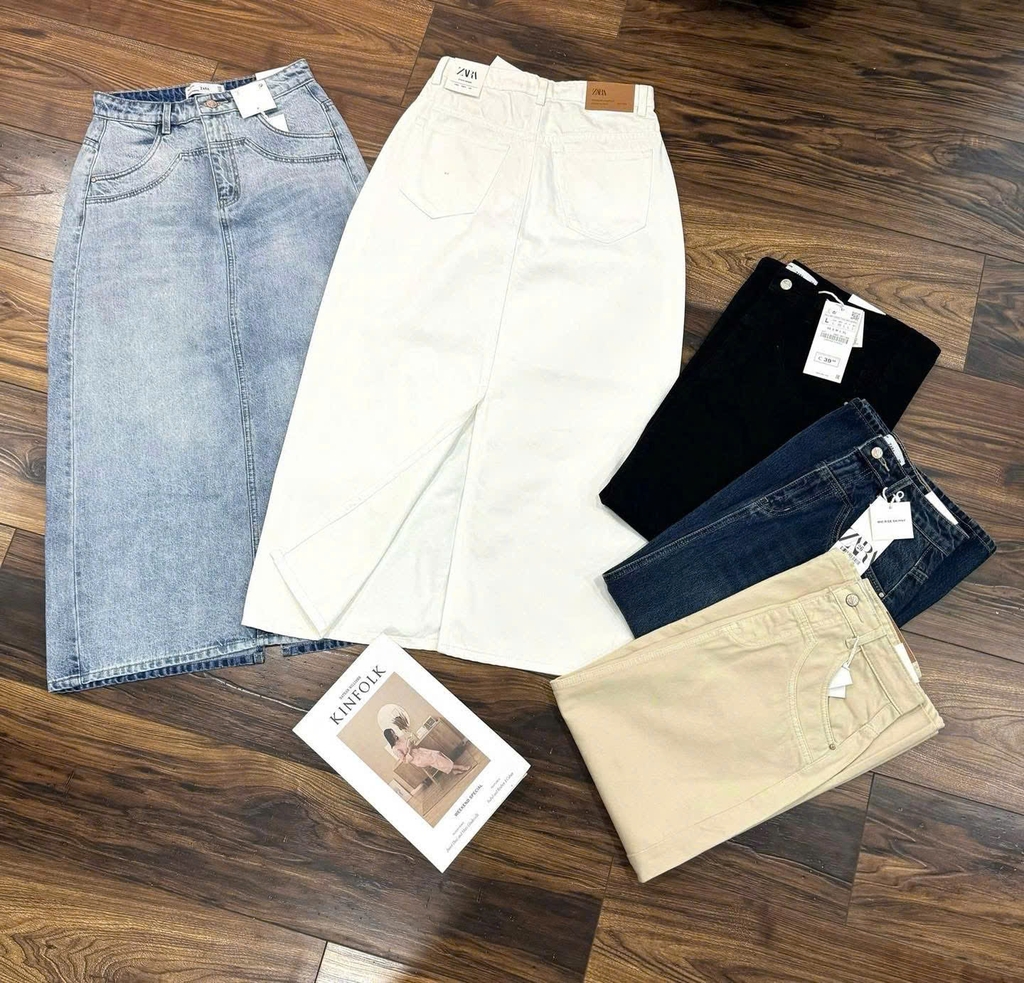 Chân váy midi denim Zara trắng xẻ sau