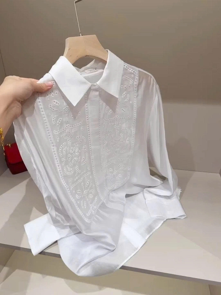 Sơ mi Zara lụa tơ trắng đáp ren ngực