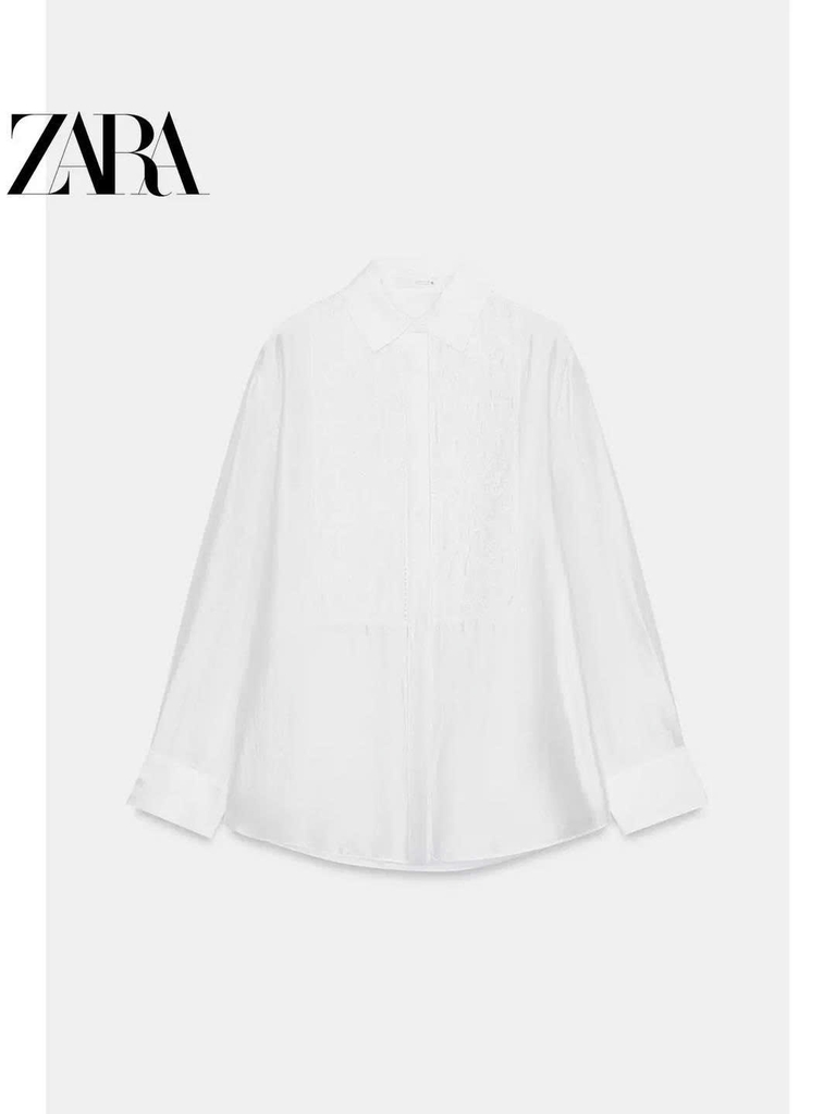 Sơ mi Zara lụa tơ trắng đáp ren ngực