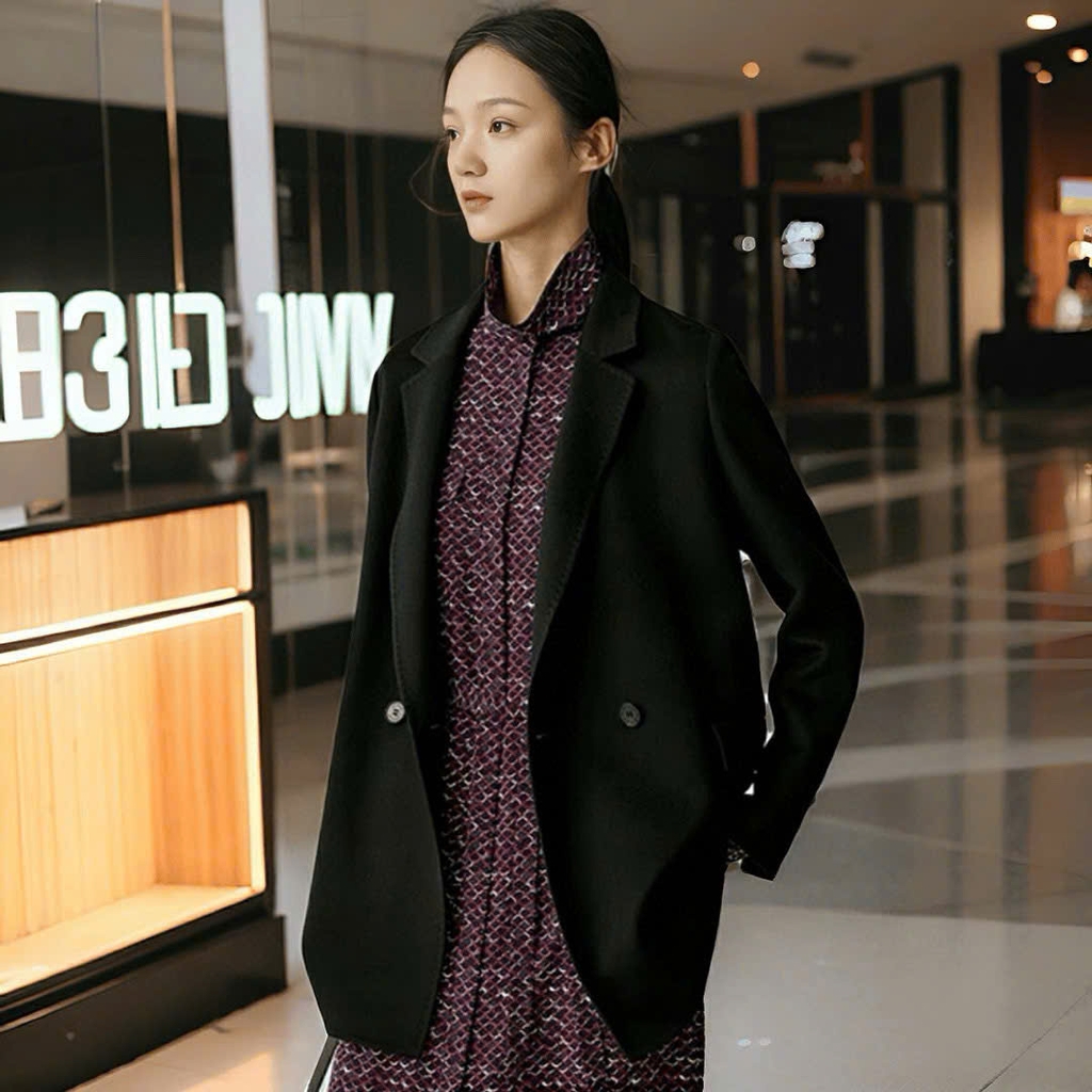 Coat dạ ép ICICLE màu đencổ bẻ dáng lửng