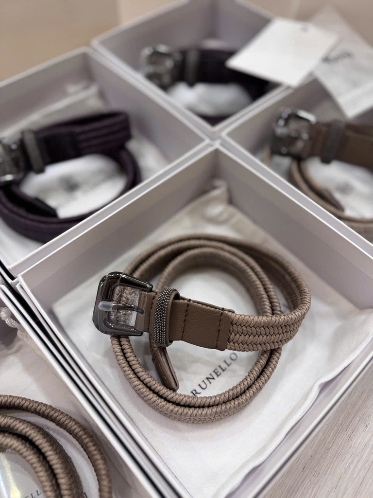 Belt Brunello Cucinelli chất co đan cói giãn phối da 2 màu Sz104x2.5cm