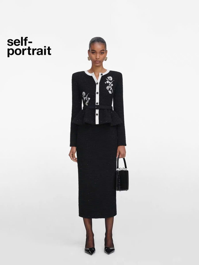 Váy len đá nhũ Self-Portrait đen hoa sequin dáng peplum dài