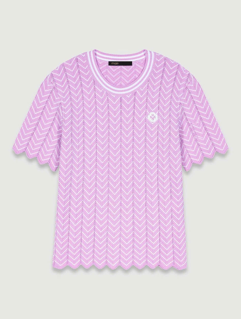 Áo Maje cotton lưới dệt thoi cổ tròn hồng viền trắng