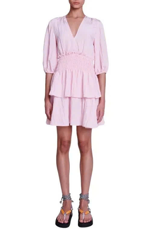 Váy Maje hồng cotton đũi dáng xếp ly ngắn