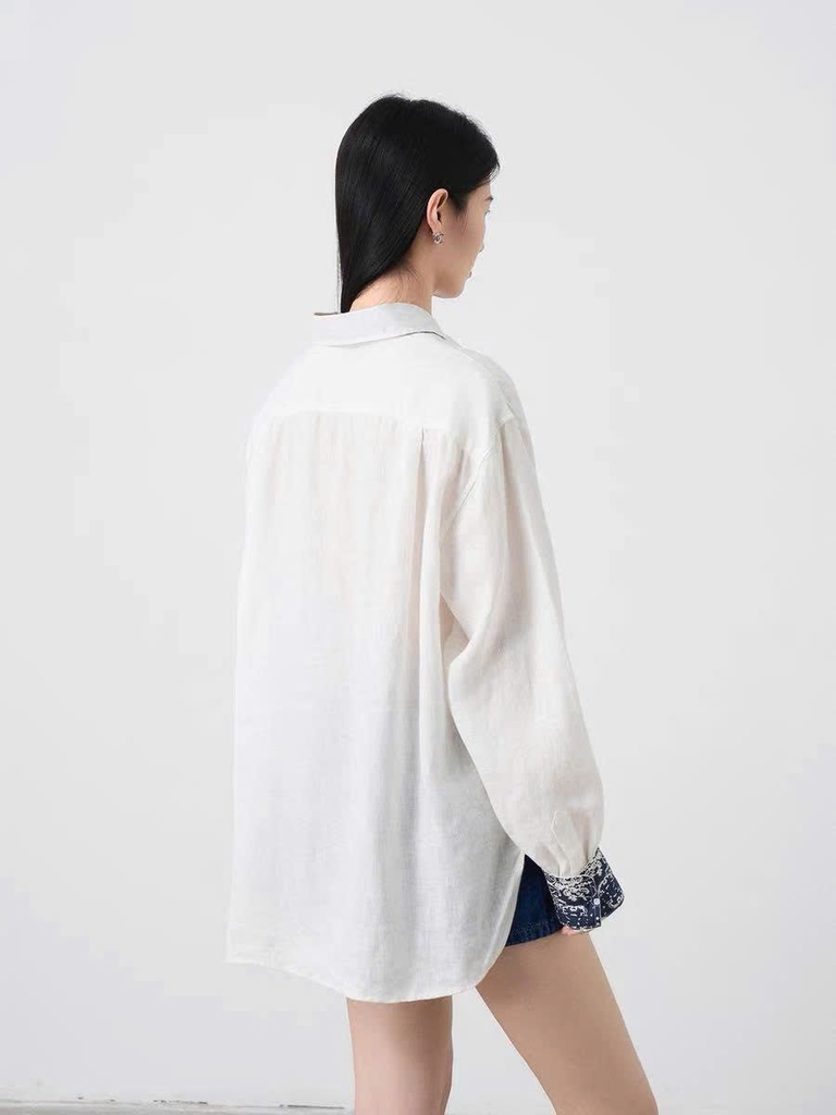 Sơ mi POLO RL trắng 100% linen cổ tay hoa xanh