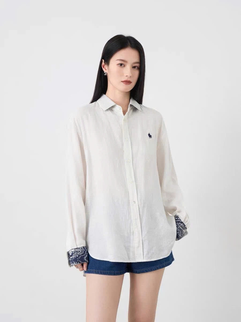 Sơ mi POLO RL trắng 100% linen cổ tay hoa xanh