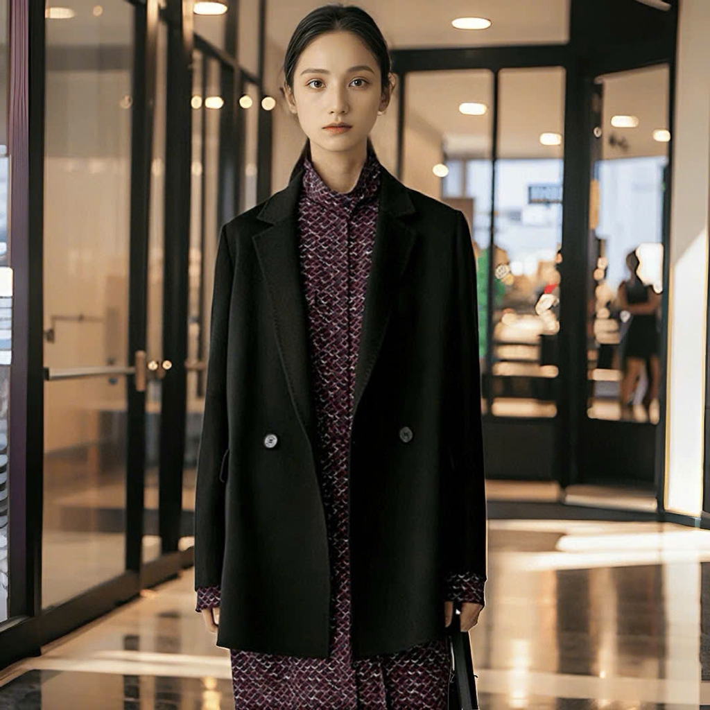 Coat dạ ép ICICLE màu đencổ bẻ dáng lửng