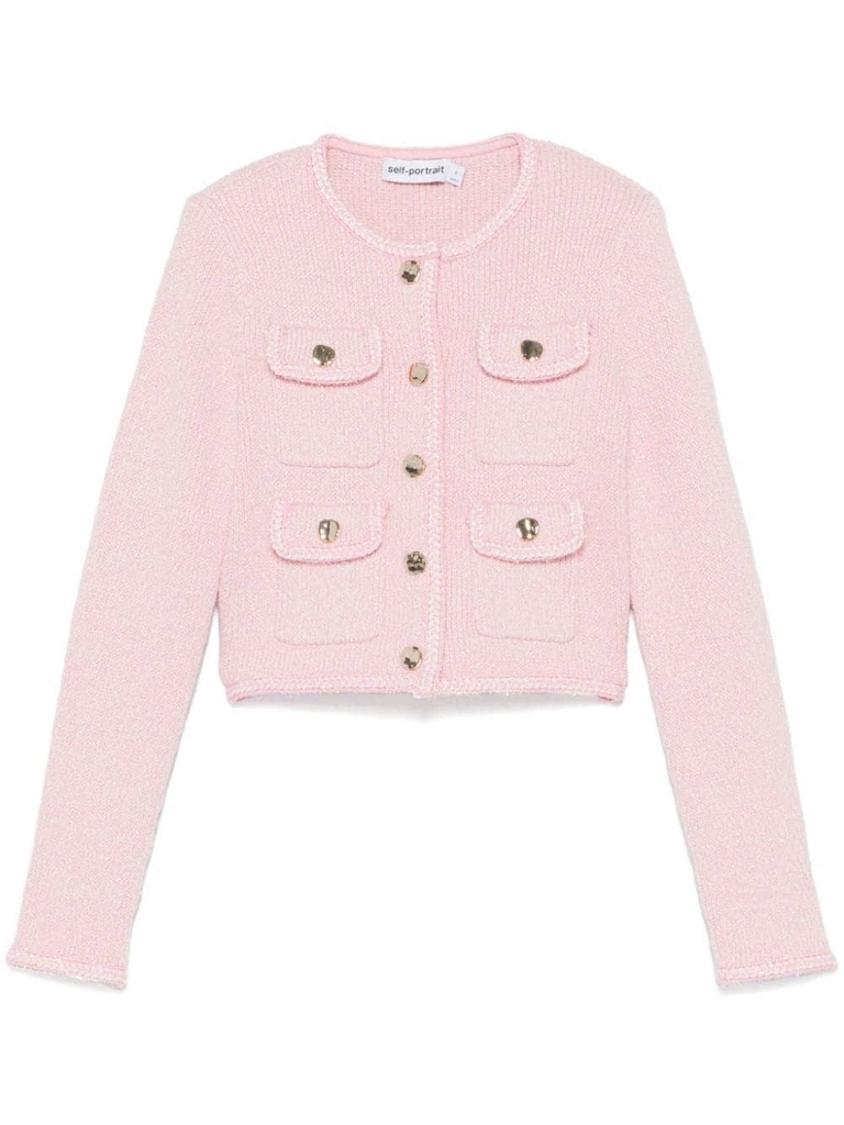 Áo khoác cardigan hiệu ứng melange/Váy ngắn đan len màu hồng dành cho nữ với chi tiết hiệu ứng vàng