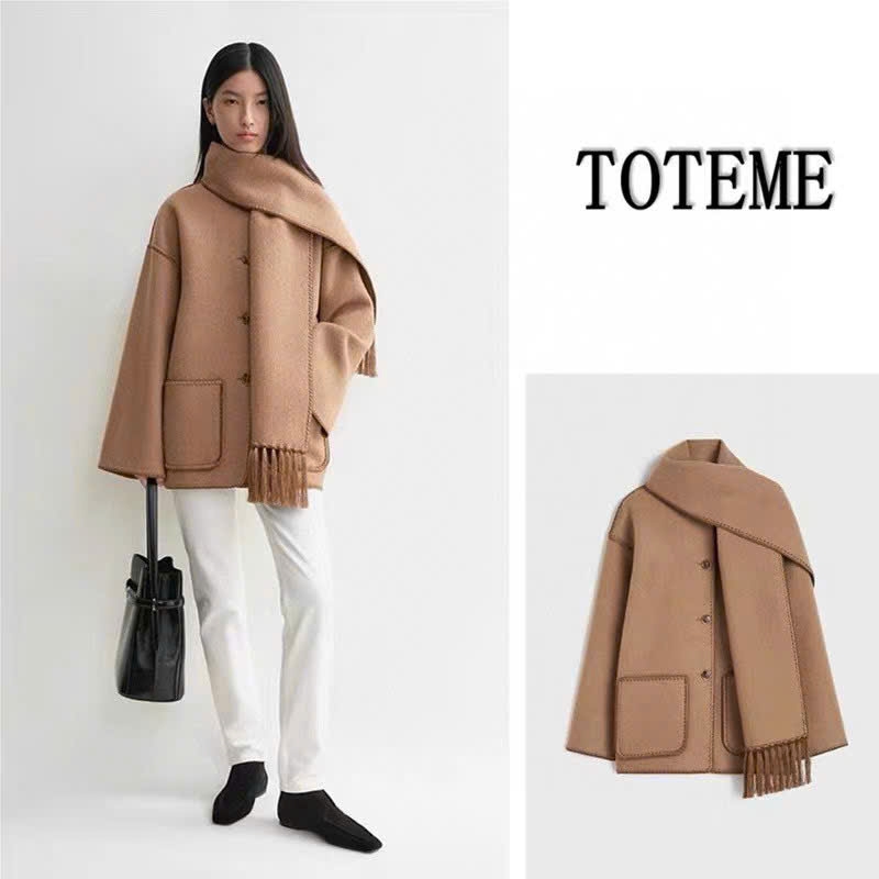 Áo khoác dạ TOTEME kèm khăn tua rua màu da bò