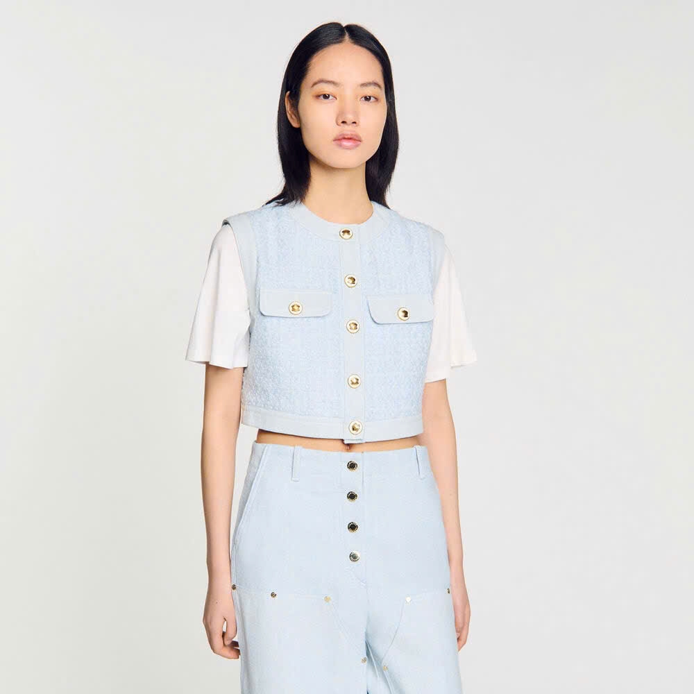 Áo dạ tweed Sandro xanh sát nách