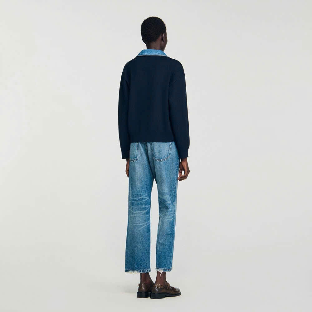 Áo len Sandro phối cổ V denim dài tay