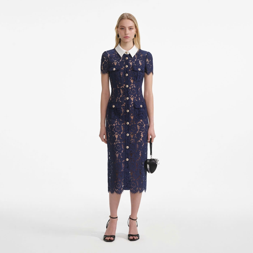 Váy midi cổ ren tương phản màu xanh navy