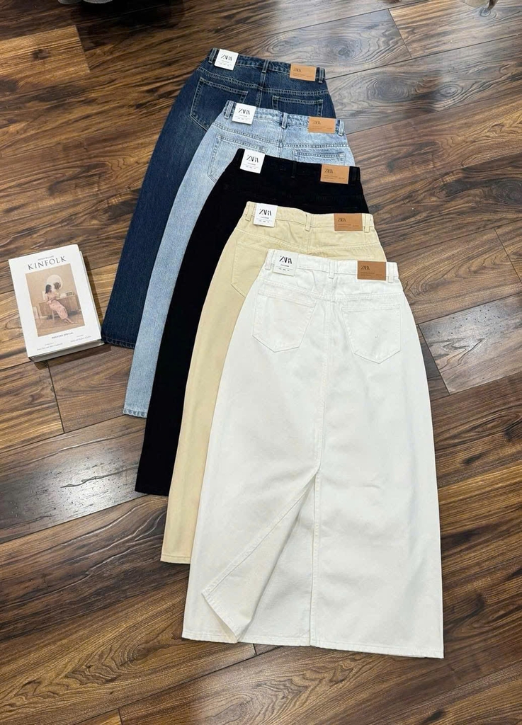 Chân váy midi denim Zara trắng xẻ sau