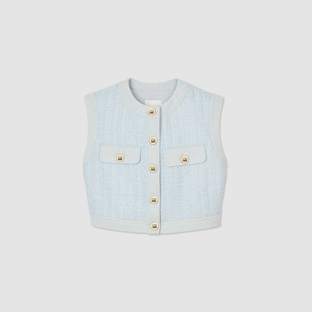 Áo dạ tweed Sandro xanh sát nách