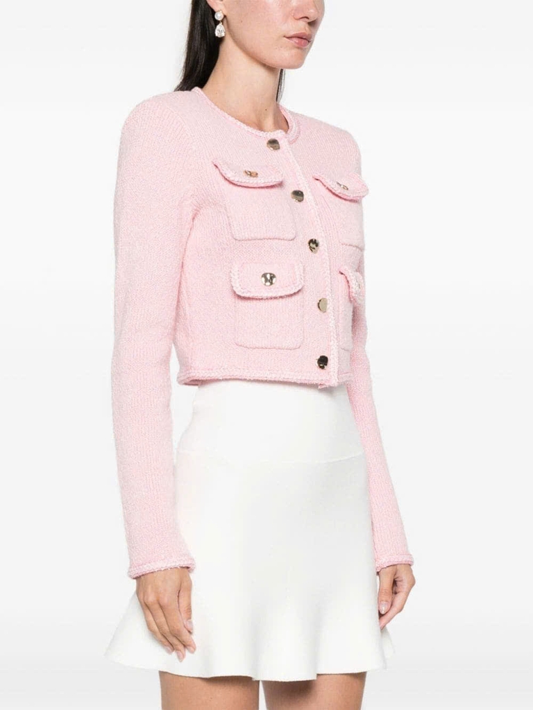 Áo khoác cardigan hiệu ứng melange/Váy ngắn đan len màu hồng dành cho nữ với chi tiết hiệu ứng vàng