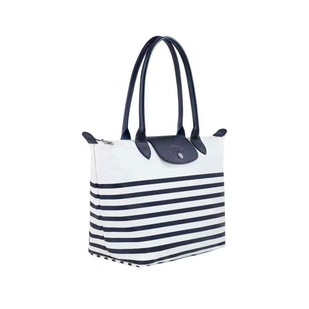 Túi Longchamp La Pliage kẻ xanh trắng