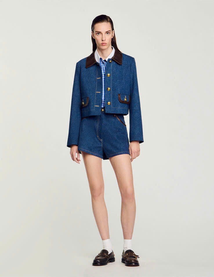 Áo khoác Sandro denim viền da nâu (tách set)