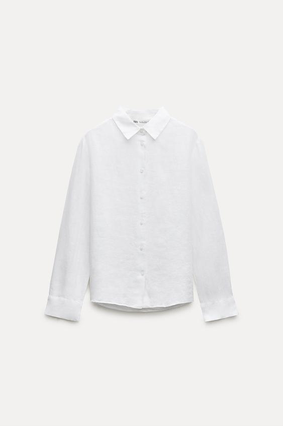 Sơ mi Zara linen trắng cổ đức