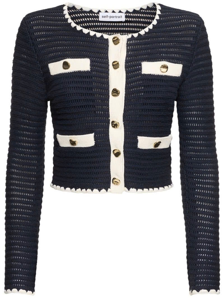 Set Self-Portrait đan móc navy cổ tròn 4 túi viền trắng (không tách)