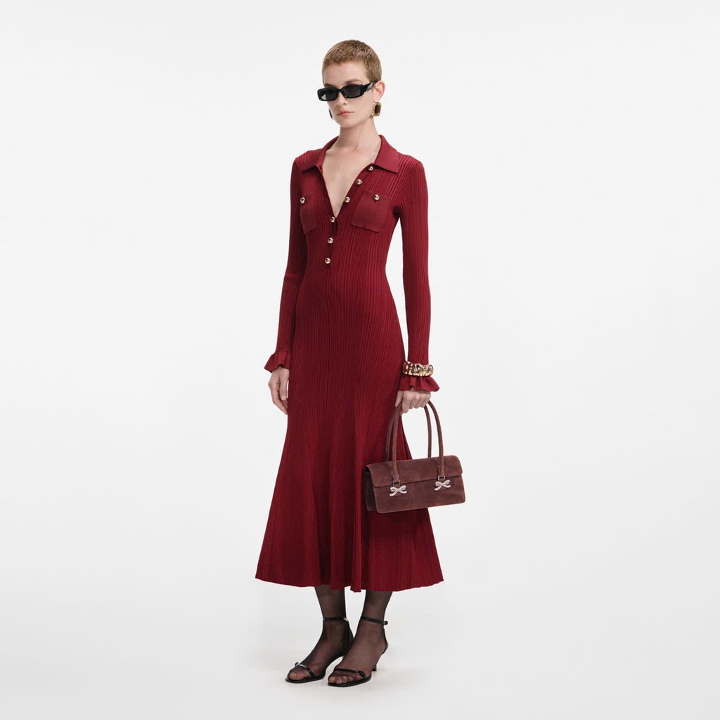 Váy MIDI dệt kim gân đỏ Burgundy