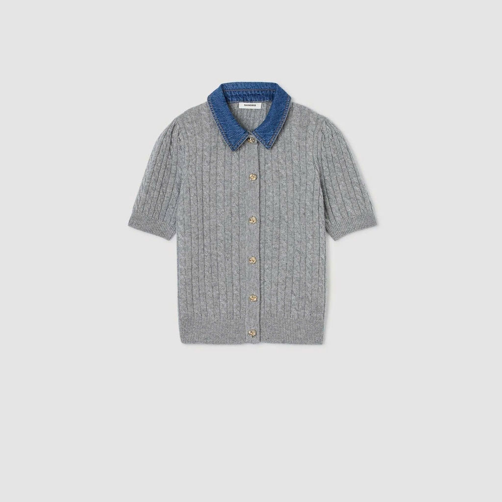 Áo len Sandro  ngắn tay màu tàn cổ denim