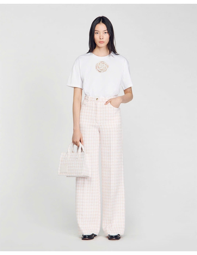 Tshirt Sandro trắng hoa hồng đá